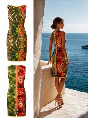 Elie Tahari Tropical Green and Red Leopard-Print Sheath Dress